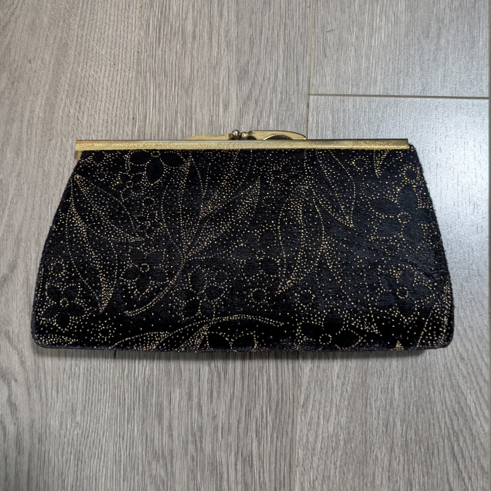 **3/$16 SALE - Vintage Velvet Black and Gold Clutch